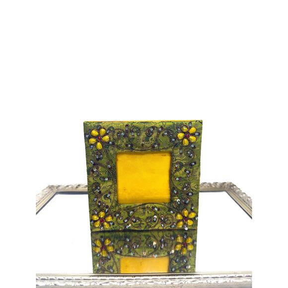 Vintage Boho Hand Embroidered & Beaded Fabric Picture Frame, Green and Yellow - Picture 1 of 10